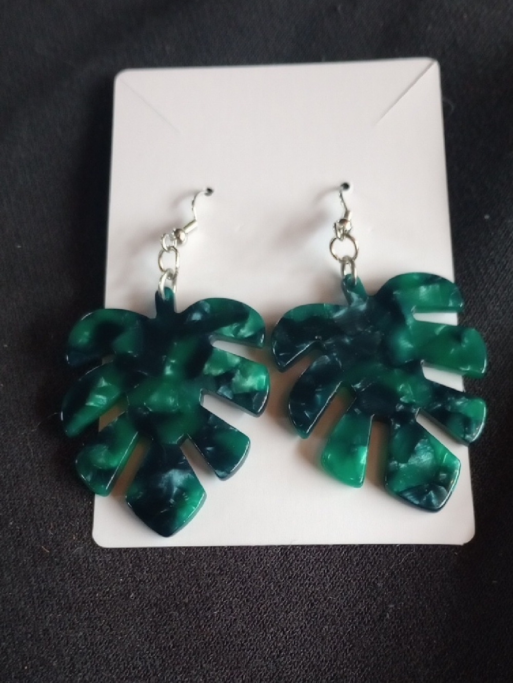 Hand Crafted Green & Teal Marbled Monstera Leaf Dangle Earrings - Women Jewelry